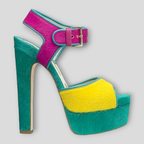 Brian Atwood Shoes - Brian Atwood Karin Multicolor Pony Hair Platform High Heel Sandal Shoes Size 39